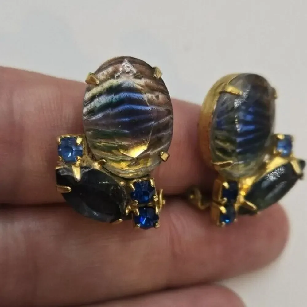 Vintage Unique Glass Cluster Blue Clip Earrings Rhinestone Statement Bling